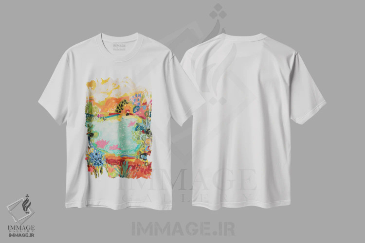 تیشرت سفید طرح دار برکه خیال انگیز ۱، آبستره اثر کارن فیلدز | immage.ir