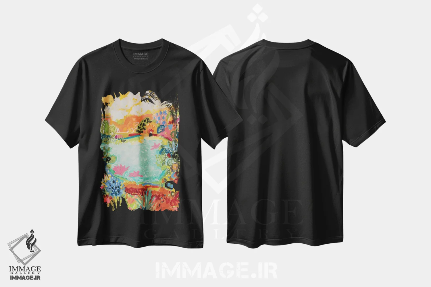 تیشرت مشکی طرح دار برکه خیال انگیز ۱، آبستره اثر کارن فیلدز | فروشگاه ایماژ