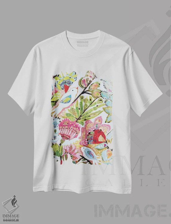 تیشرت سفید طرح دار پرندگان کاغذی ۱، تزئینی اثر کارن فیلدز | immage.ir