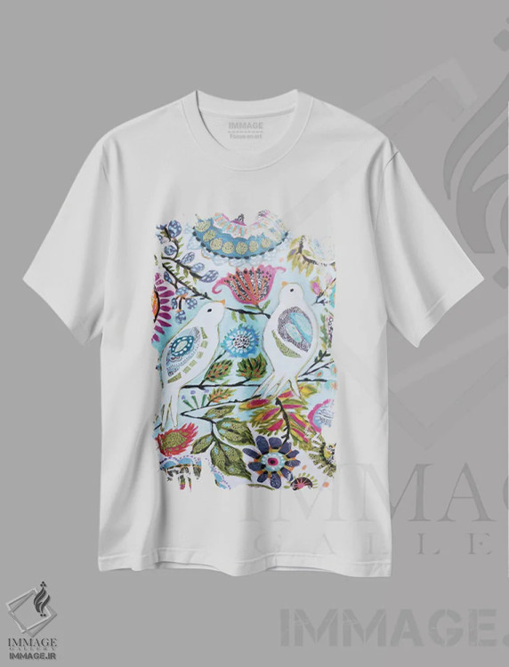 تیشرت سفید طرح دار پرندگان کاغذی ۲، تزئینی اثر کارن فیلدز | فروشگاه ایماژ