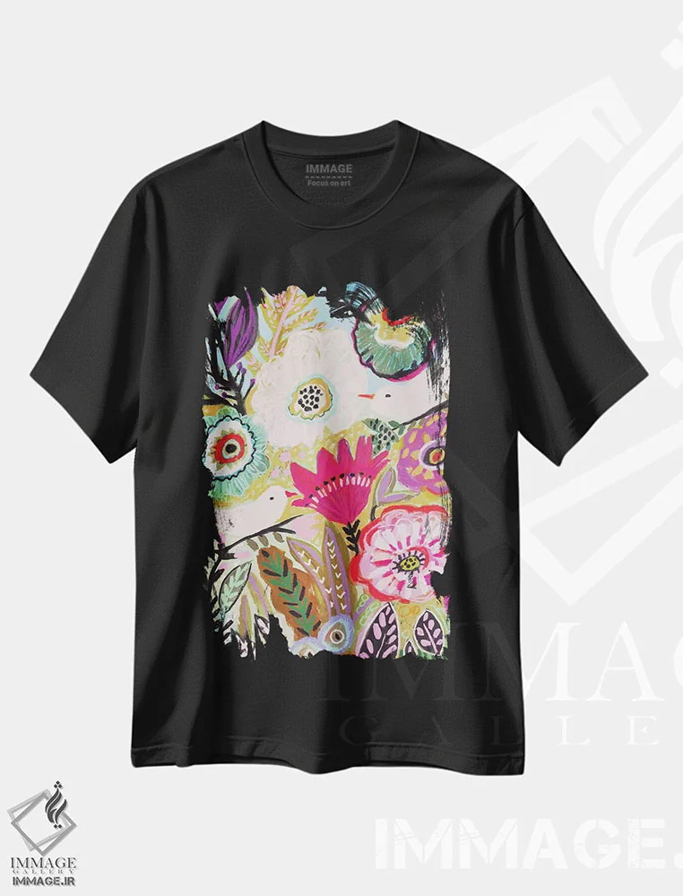 تیشرت مشکی طرح دار پرندگان باغ ۱، دکور بوهمی اثر کارن فیلدز | immage.ir