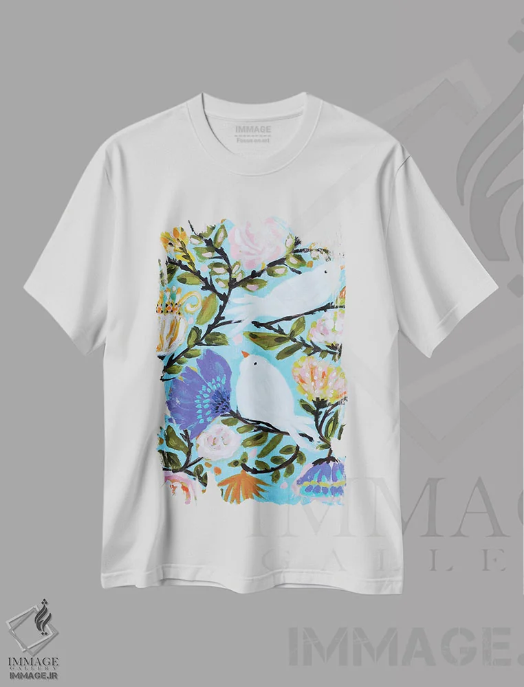 تیشرت سفید طرح دار مرغان عاشق دوست داشتنی ۲، تزئینی اثر کارن فیلدز | immage.ir