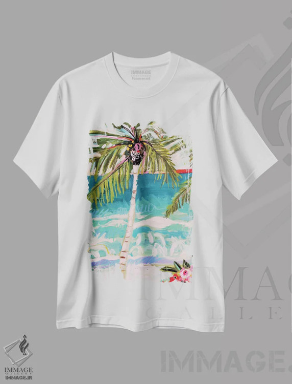 تیشرت سفید طرح دار نخل خیال انگیز ۱، دکور ساحلی اثر کارن فیلدز | فروشگاه ایماژ