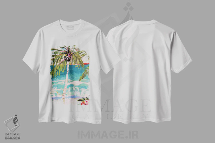 تیشرت سفید طرح دار نخل خیال انگیز ۱، دکور ساحلی اثر کارن فیلدز | فروشگاه ایماژ