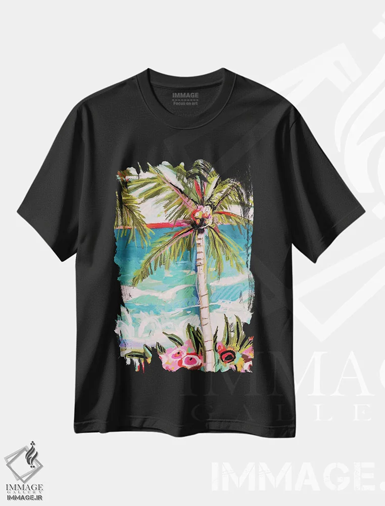 تیشرت مشکی طرح دار نخل خیال انگیز ۲، دکور ساحلی اثر کارن فیلدز | فروشگاه ایماژ