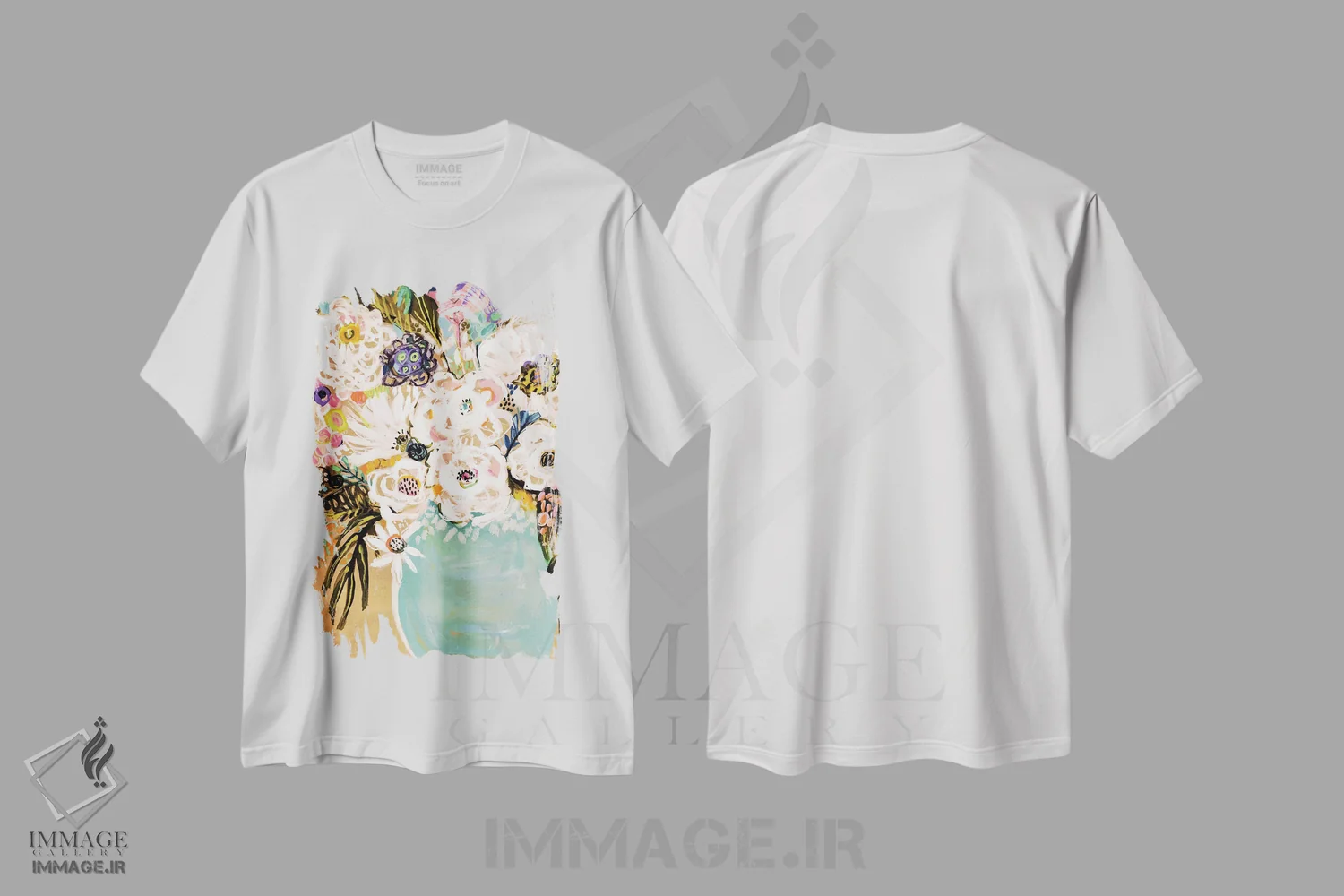 تیشرت سفید طرح دار گل های تابستانی در گلدان ۱، تزئینی اثر کارن فیلدز | فروشگاه ایماژ