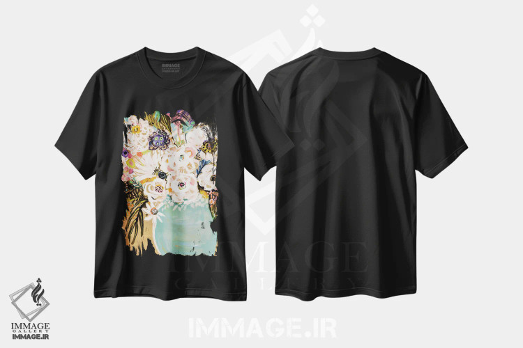 تیشرت مشکی طرح دار گل های تابستانی در گلدان ۱، تزئینی اثر کارن فیلدز | immage.ir