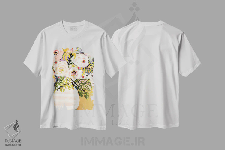 تیشرت سفید طرح دار گل های تابستانی در گلدان ۲، تزئینی اثر کارن فیلدز | immage.ir