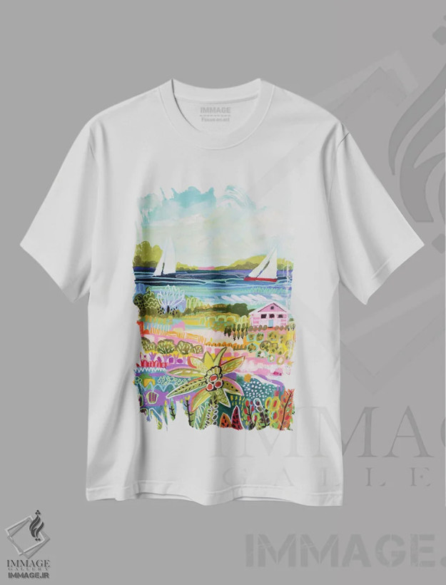 تیشرت سفید طرح دار دو قایق بادبانی و کلبه ۱، تزئینی اثر کارن فیلدز | فروشگاه ایماژ