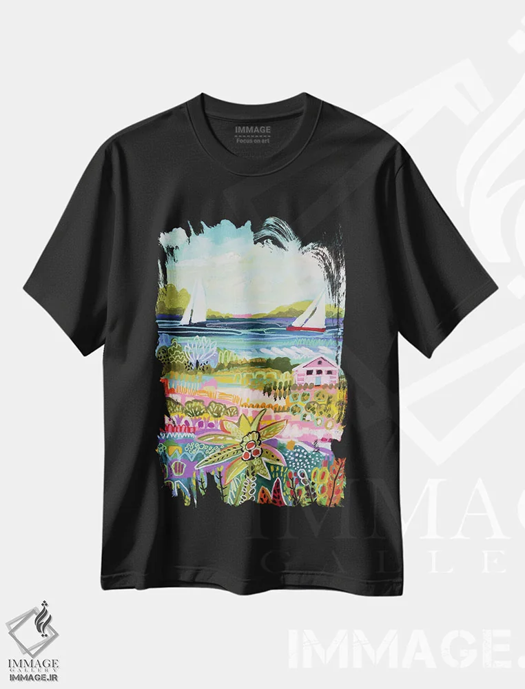 تیشرت مشکی طرح دار دو قایق بادبانی و کلبه ۱، تزئینی اثر کارن فیلدز | immage.ir