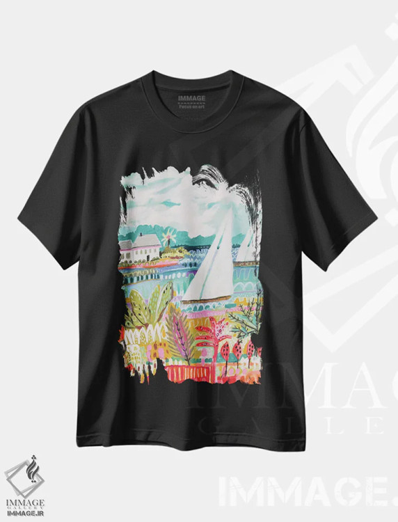 تیشرت مشکی طرح دار دو قایق بادبانی و کلبه ۲، تزئینی اثر کارن فیلدز | فروشگاه ایماژ