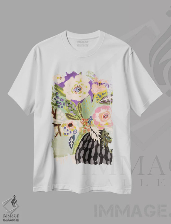 تیشرت سفید طرح دار گل های تازه در گلدان ۱، دکور بوهمی اثر کارن فیلدز | immage.ir