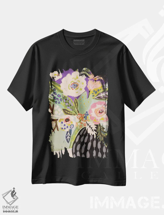 تیشرت مشکی طرح دار گل های تازه در گلدان ۱، دکور بوهمی اثر کارن فیلدز | فروشگاه ایماژ