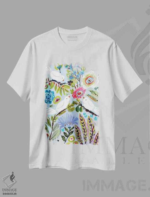 تیشرت سفید طرح دار عشق پرنده ها ۱، تزئینی اثر کارن فیلدز | immage.ir