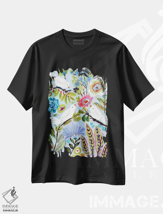 تیشرت مشکی طرح دار عشق پرنده ها ۱، تزئینی اثر کارن فیلدز | فروشگاه ایماژ