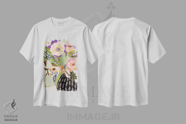 تیشرت سفید طرح دار گل های تازه در گلدان ۱، دکور بوهمی اثر کارن فیلدز | immage.ir