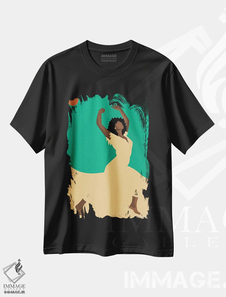 تیشرت مشکی طرح دار رقص، هنر آمریکایی آفریقایی تبار اثر کمو فرانک | immage.ir