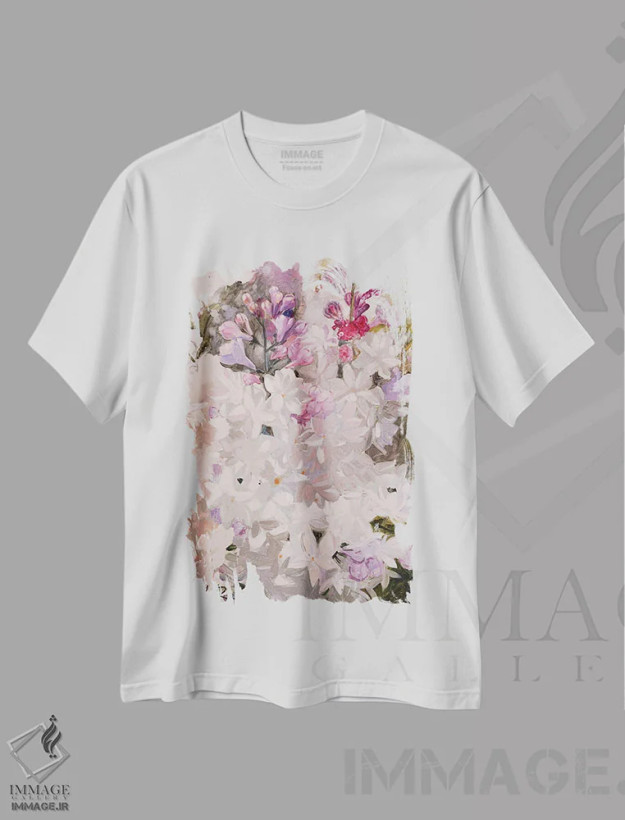 تیشرت سفید طرح دار یاس بنفش، هنر فاخر معاصر اثر خانلار اسدالله یف | فروشگاه ایماژ