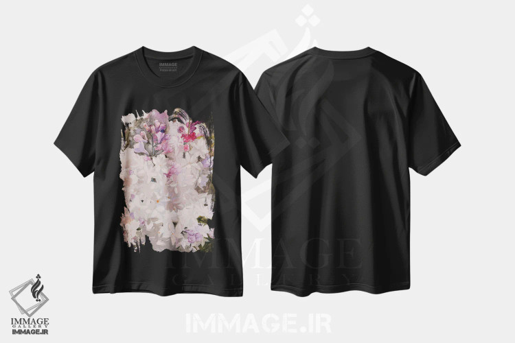 تیشرت مشکی طرح دار یاس بنفش، هنر فاخر معاصر اثر خانلار اسدالله یف | immage.ir