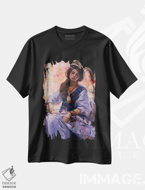 تیشرت مشکی طرح دار دختر شرقی، هنر فاخر معاصر اثر خانلار اسدالله یف | فروشگاه ایماژ