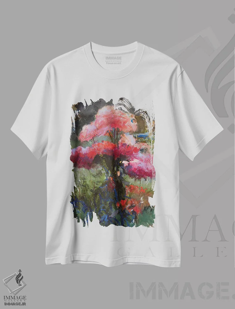 تیشرت سفید طرح دار اتود رز قرمز، هنر فاخر معاصر اثر خانلار اسدالله یف | immage.ir