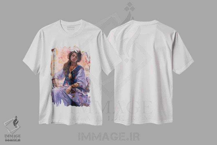 تیشرت سفید طرح دار دختر شرقی، هنر فاخر معاصر اثر خانلار اسدالله یف | immage.ir
