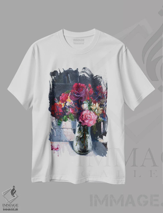 تیشرت سفید طرح دار گل ها در گلدان، هنر فاخر معاصر اثر خانلار اسدالله یف | فروشگاه ایماژ