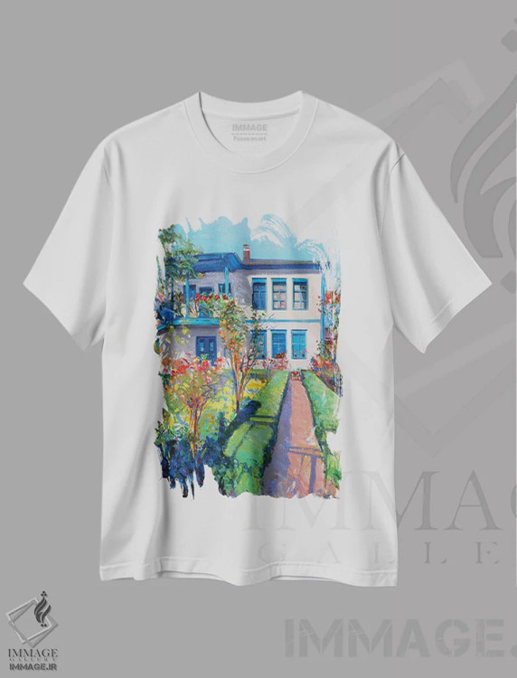 تیشرت سفید طرح دار باغ هنرمند، هنر فاخر معاصر اثر خانلار اسدالله یف | immage.ir