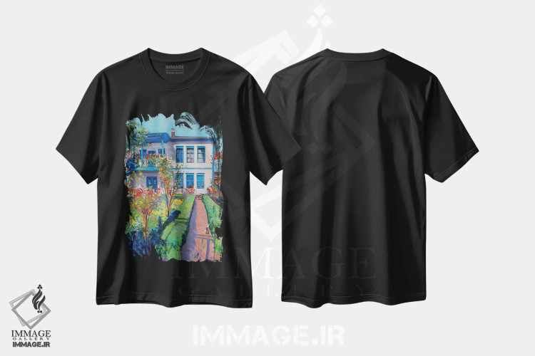 تیشرت مشکی طرح دار باغ هنرمند، هنر فاخر معاصر اثر خانلار اسدالله یف | فروشگاه ایماژ