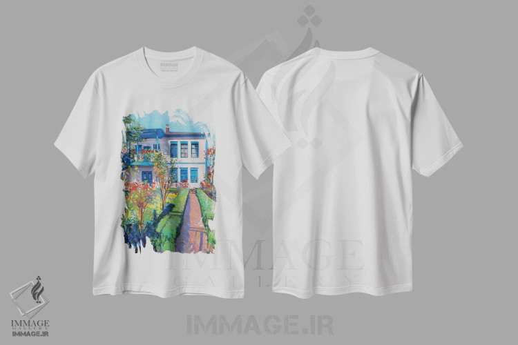 تیشرت سفید طرح دار باغ هنرمند، هنر فاخر معاصر اثر خانلار اسدالله یف | immage.ir