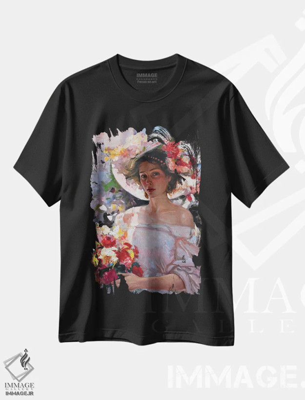 تیشرت مشکی طرح دار زن با گل ها، هنر فاخر معاصر اثر خانلار اسدالله یف | فروشگاه ایماژ
