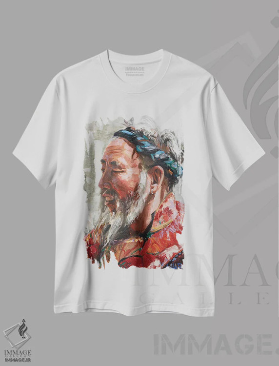 تیشرت سفید طرح دار پرتره آسیایی، هنر فاخر معاصر اثر خانلار اسدالله یف | فروشگاه ایماژ