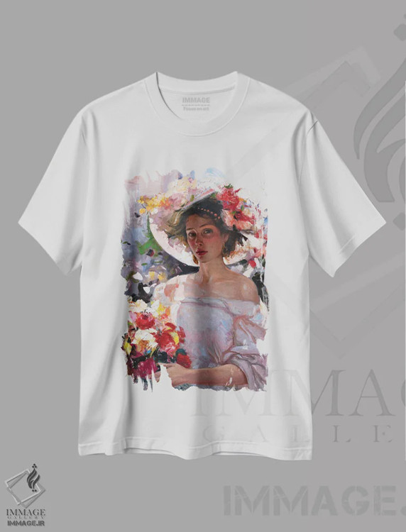 تیشرت سفید طرح دار زن با گل ها، هنر فاخر معاصر اثر خانلار اسدالله یف | immage.ir