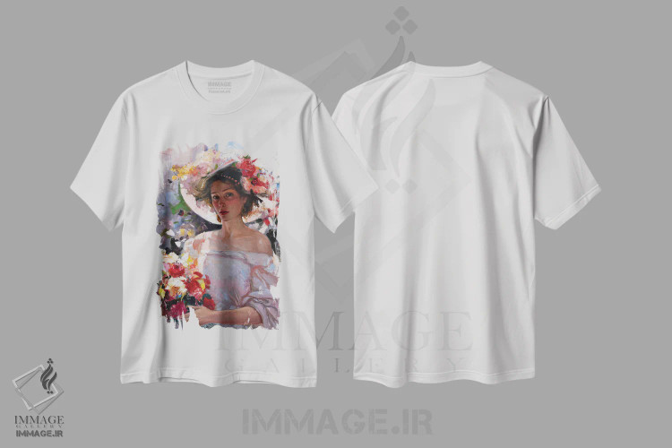 تیشرت سفید طرح دار زن با گل ها، هنر فاخر معاصر اثر خانلار اسدالله یف | immage.ir