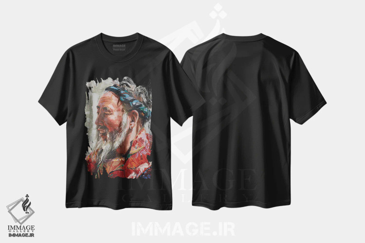 تیشرت مشکی طرح دار پرتره آسیایی، هنر فاخر معاصر اثر خانلار اسدالله یف | immage.ir
