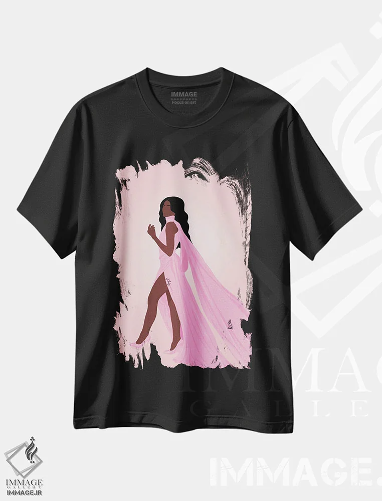 تیشرت مشکی طرح دار زیبا در صورتی، هنر آمریکایی آفریقایی تبار اثر خیا اِی | immage.ir