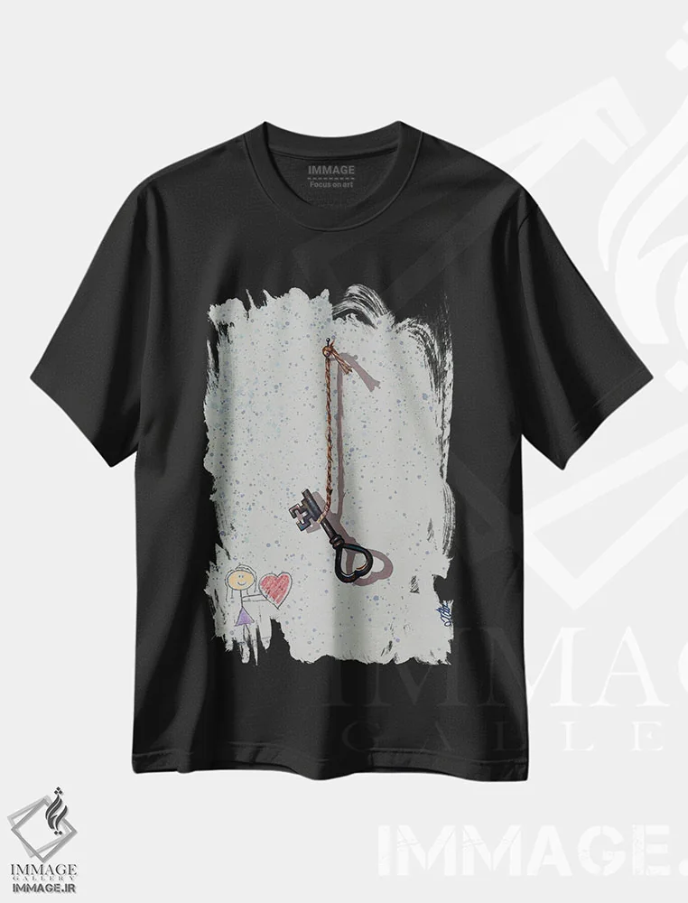 تیشرت مشکی طرح دار کلید قلب من، هنر فاخر کلاسیک اثر کِی. آرتور | فروشگاه ایماژ