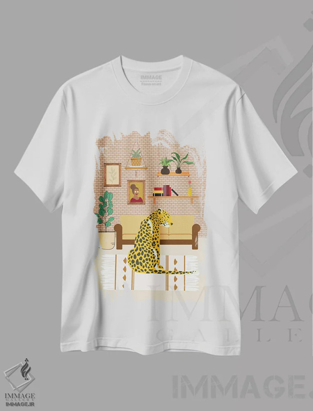تیشرت سفید طرح دار دکوراسیون داخلی بوهیمیایی با پلنگ، دکور بوهمی اثر خارین هینز | فروشگاه ایماژ