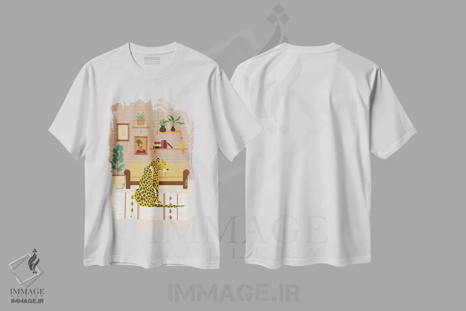 تیشرت سفید طرح دار دکوراسیون داخلی بوهیمیایی با پلنگ، دکور بوهمی اثر خارین هینز | فروشگاه ایماژ