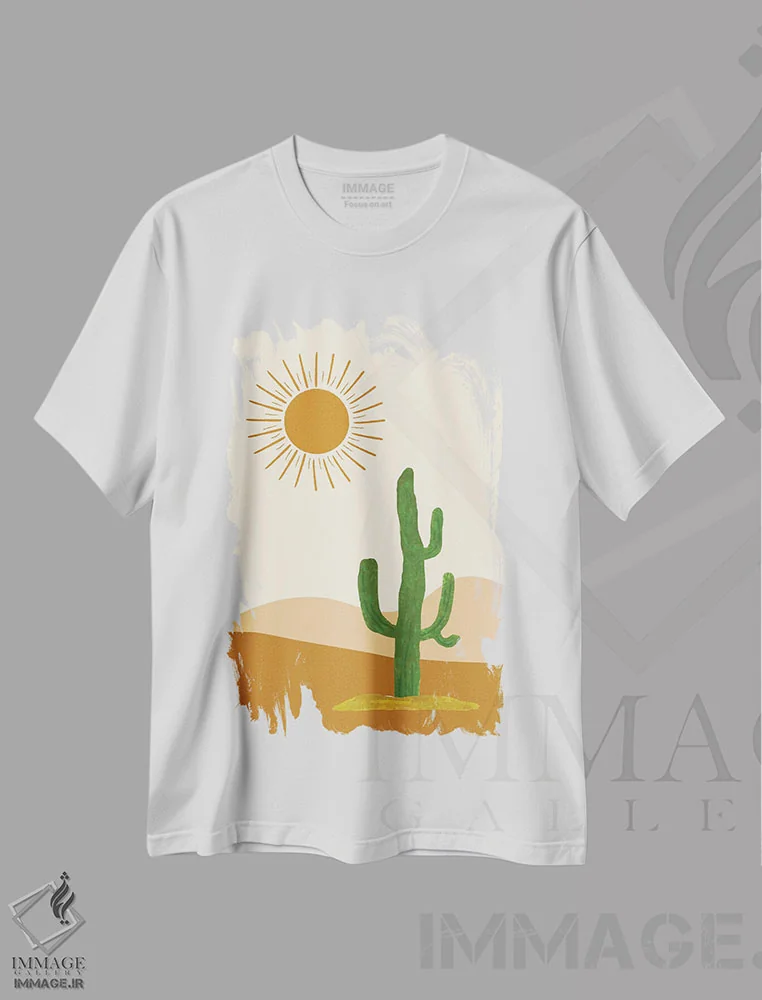 تیشرت سفید طرح دار منظره کاکتوس در صحرا، دکور بوهمی اثر خارین هینز | immage.ir