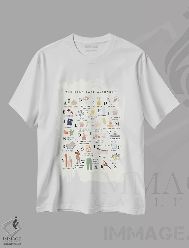 تیشرت سفید طرح دار الفبای مراقبت از خود، تایپوگرافی اثر خارین هینز | فروشگاه ایماژ