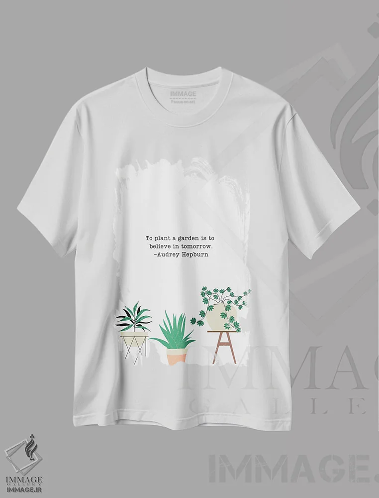 تیشرت سفید طرح دار باغی بکار، تایپوگرافی اثر خارین هینز | immage.ir