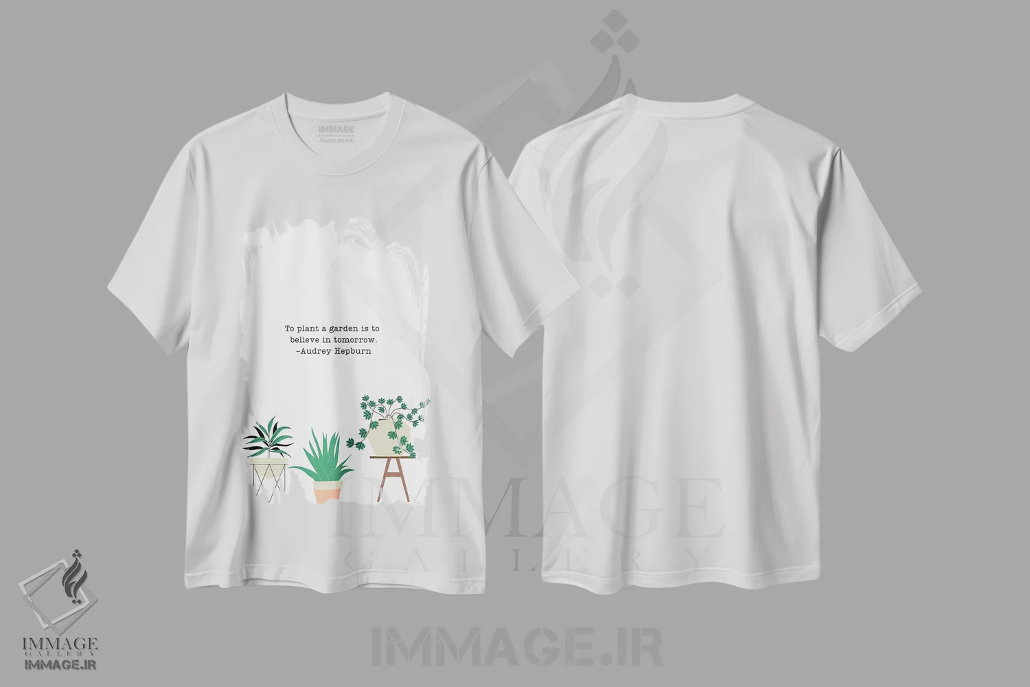 تیشرت سفید طرح دار باغی بکار، تایپوگرافی اثر خارین هینز | immage.ir