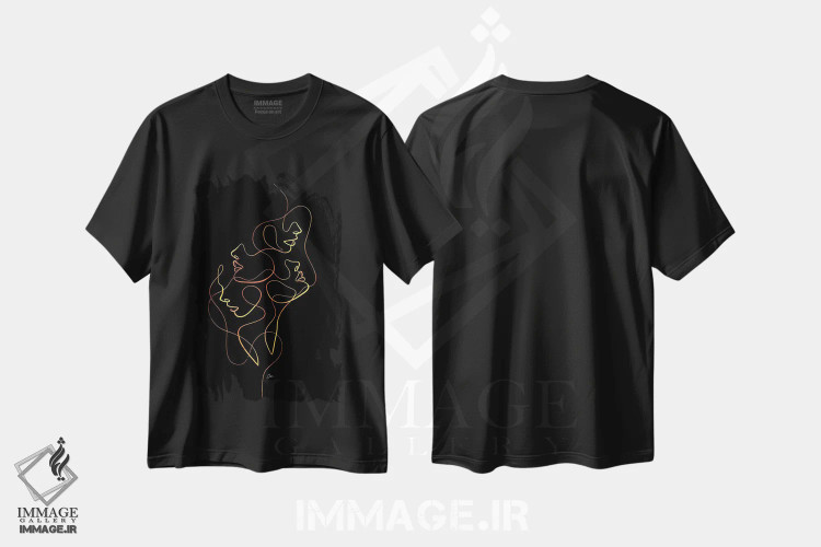 تیشرت مشکی طرح دار چهره های زنانه با یک خط، تزئینی اثر دین کی | فروشگاه ایماژ