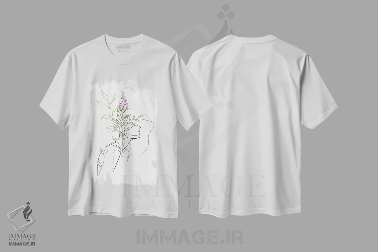 تیشرت سفید طرح دار زن با سر گل، تزئینی اثر دین کی | فروشگاه ایماژ