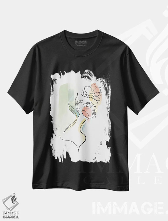 تیشرت مشکی طرح دار زن با سرِ گل شماره ۳، تزئینی اثر دین کی | immage.ir
