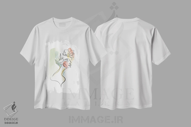 تیشرت سفید طرح دار زن با سرِ گل شماره ۳، تزئینی اثر دین کی | فروشگاه ایماژ