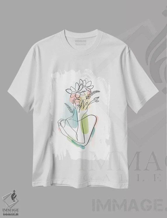 تیشرت سفید طرح دار زن با سرِ گل شماره ۲، دست نقاشی و طراحی دستی اثر دین کی | immage.ir