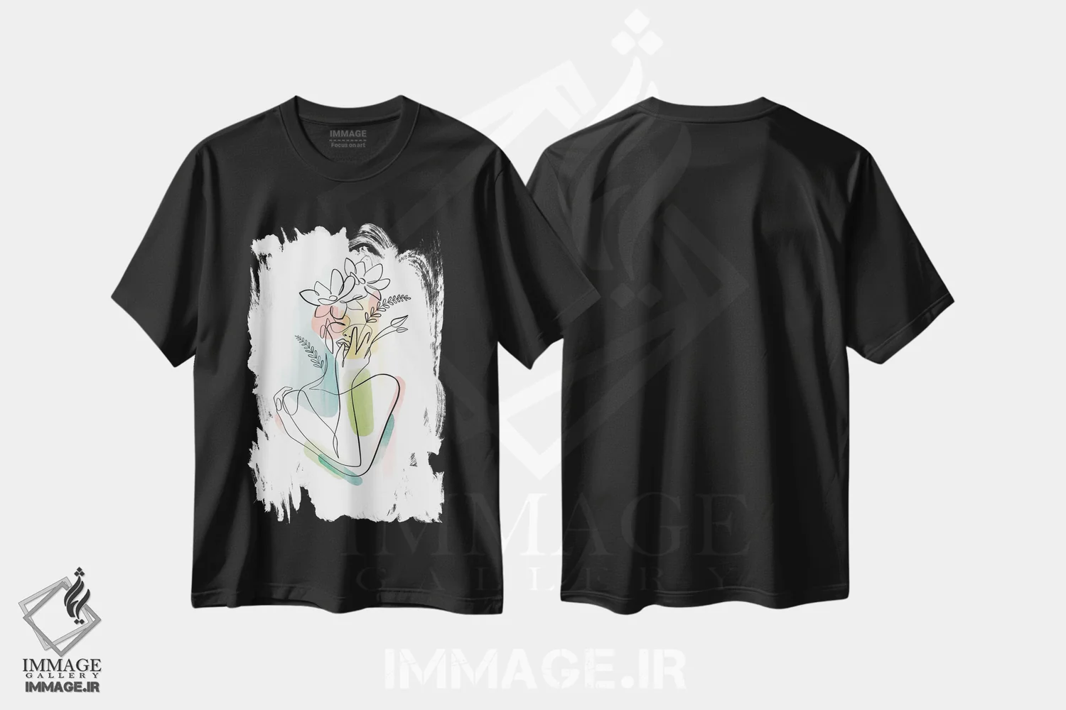 تیشرت مشکی طرح دار زن با سرِ گل شماره ۲، دست نقاشی و طراحی دستی اثر دین کی | فروشگاه ایماژ