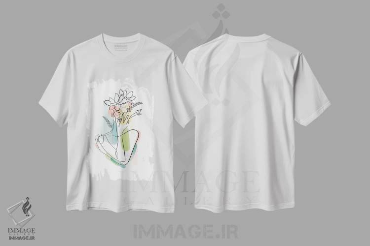 تیشرت سفید طرح دار زن با سرِ گل شماره ۲، دست نقاشی و طراحی دستی اثر دین کی | immage.ir